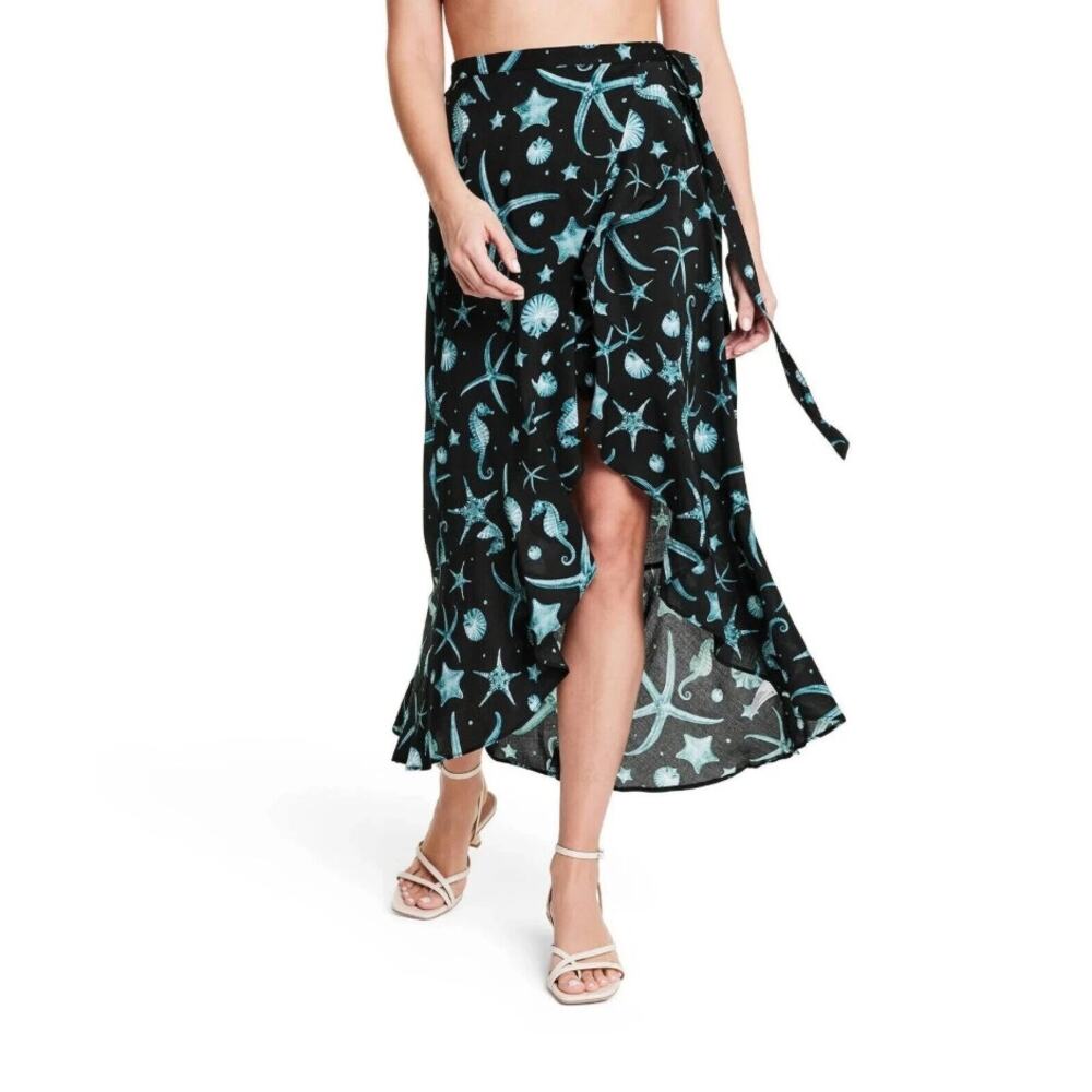 Agua Bendita Target Wrap Skirt Women 2XL Navy Blue Deep Sea Print Vacation Beach